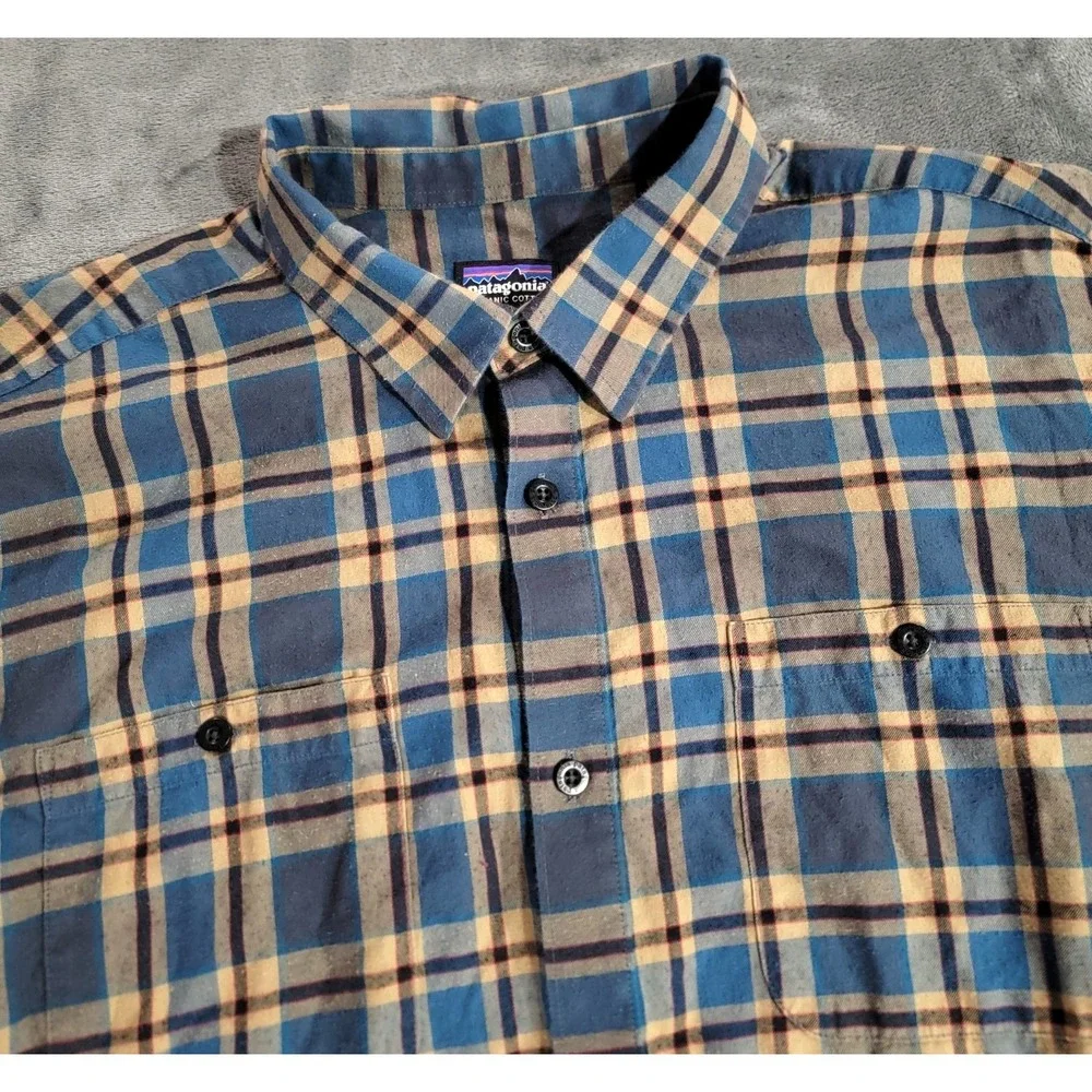 Patagonia Shirt Men XL Blue Plaid Pima Cotton Organic Long Sleeve Outdoor Hiking